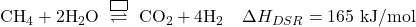 \[ \mathrm{CH_4 + 2H_2O} \ \overset{\boxed{\ }}{\rightleftharpoons} \ \mathrm{CO_2 + 4H_2} \quad \Delta H_{DSR} = 165\ \mathrm{kJ/mol} \]