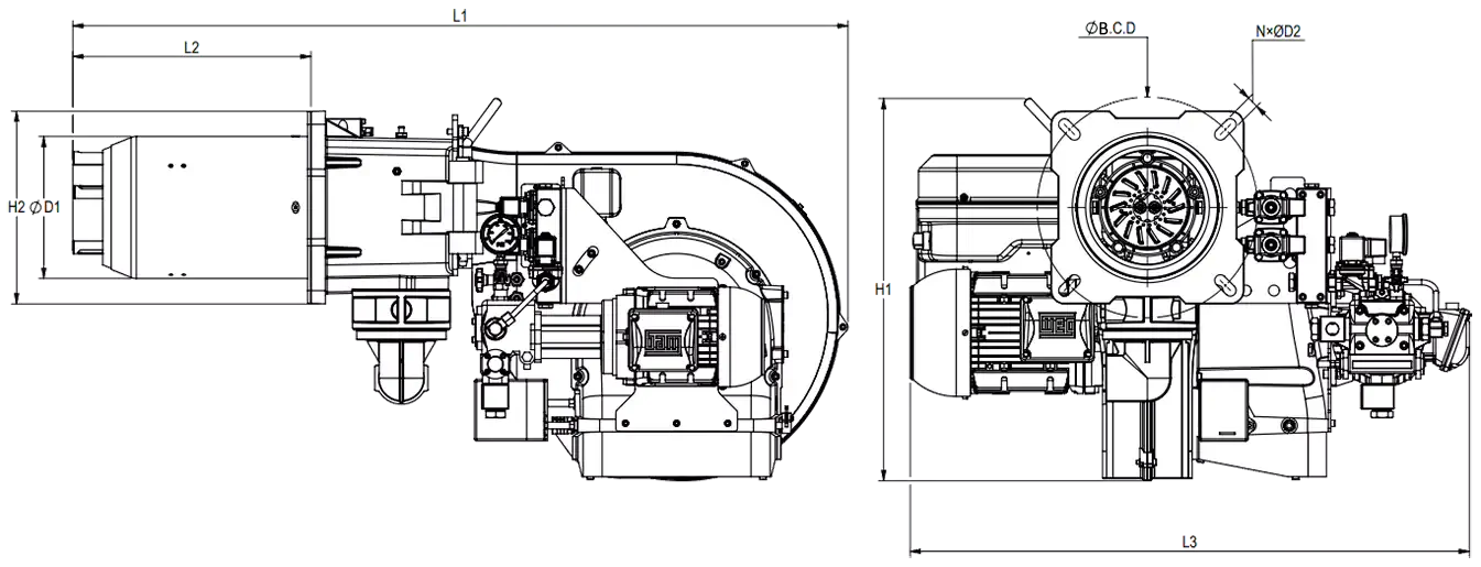 RLGB-175-LN-Dimension dual fuel staging mono block burner