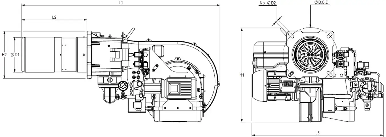 RLGB-255-Dimension dual fuel staging mono block burner